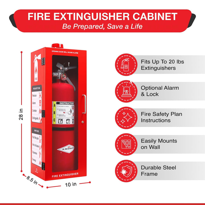 Overdose Kits red steel fire extinguisher cabinet with alarm and lock option, fits up to 20 lb extinguishers.