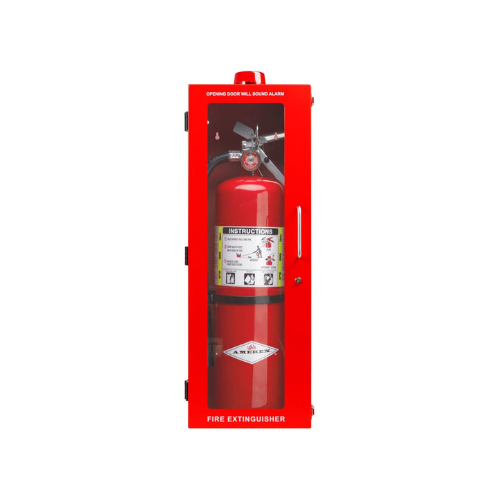Overdose Kits red steel wall mount fire extinguisher cabinet with alarm and instructions. Holds 10 or 20 lb extinguishers.