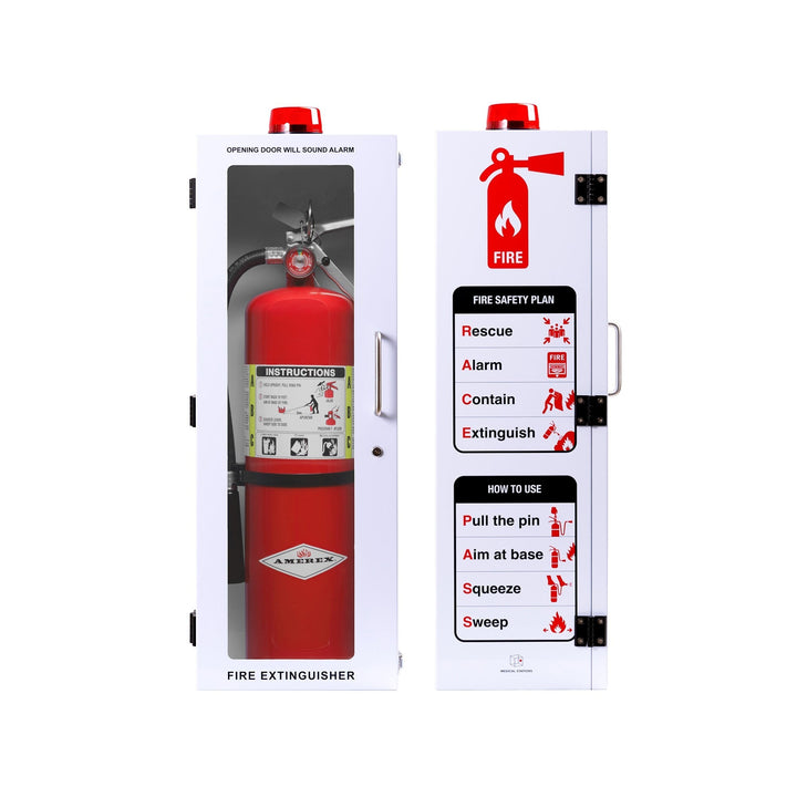 Overdose Kits white outdoor fire extinguisher cabinet with red alarm light, holding a red 10 lb extinguisher. Features instructions and fire safety plan.