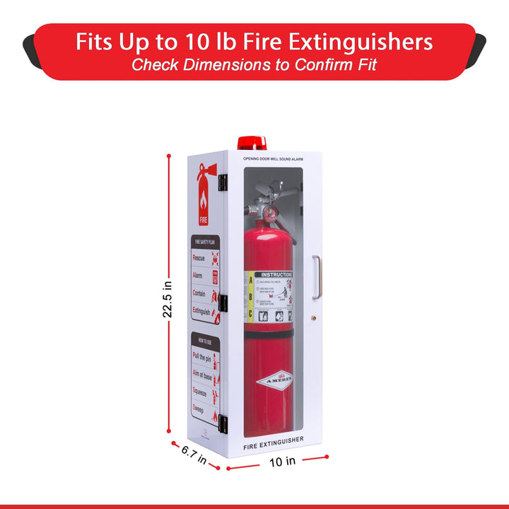 Overdose Kits white outdoor fire extinguisher wall mount cabinet with red alarm light, fits up to 10 lb extinguishers.