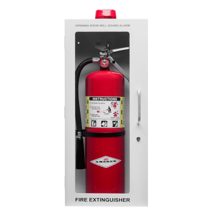 Overdose Kits white steel wall mount fire extinguisher cabinet with red 10 lb extinguisher inside. Features alarm and instructions.