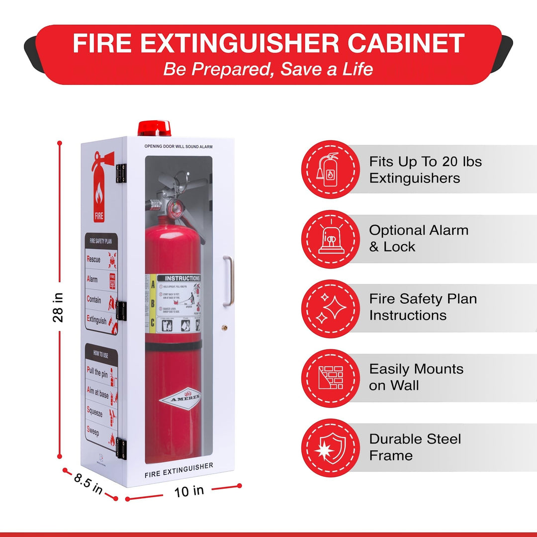 Overdose Kits white steel fire extinguisher cabinet with red alarm light, fits up to 20 lb extinguishers, includes instructions and optional lock.