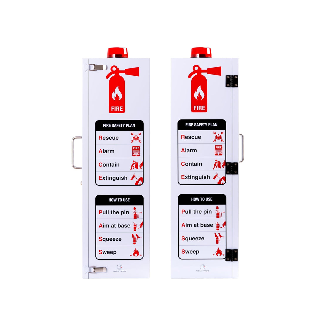 Overdose Kits white steel fire extinguisher wall mount cabinet with red accents, available in 10 lb and 20 lb sizes. Features safety instructions.