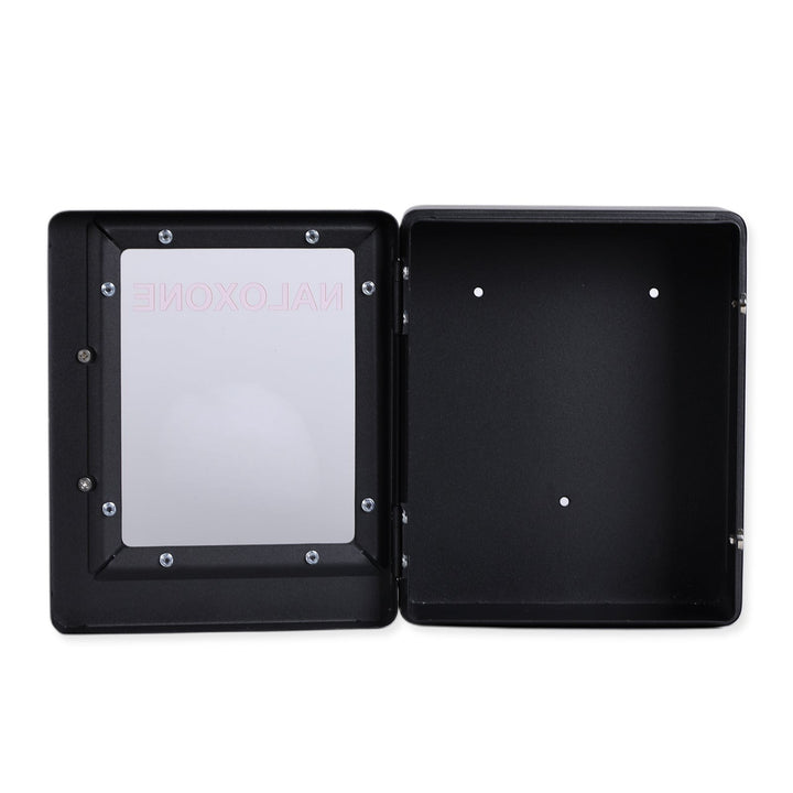 Overdose Kits black metal wall mount cabinet for Naloxone emergency kits. Holds 4 boxes, no lock or alarm.