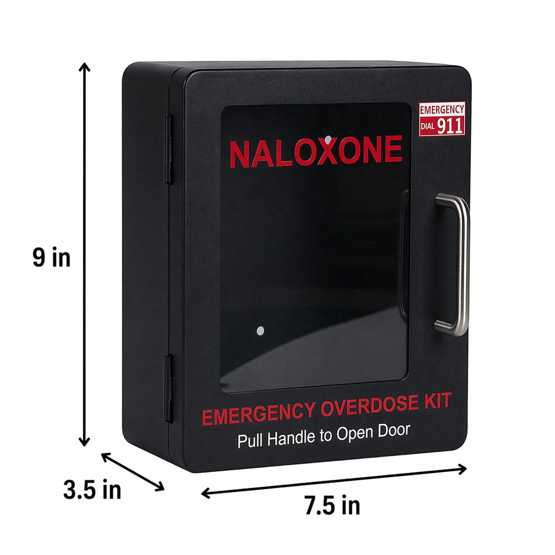 Overdose Kits black metal wall mount cabinet for Naloxone emergency overdose kit. Features red text and a 911 dial emergency sign.