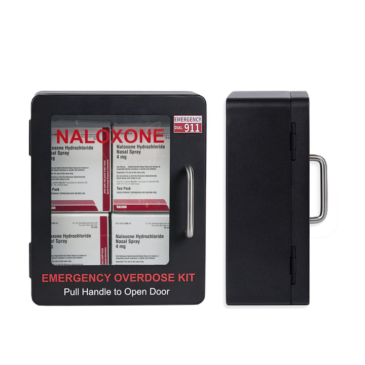 Overdose Kits black wall mount cabinet for Naloxone emergency kits. Features clear labeling and a pull handle for easy access.