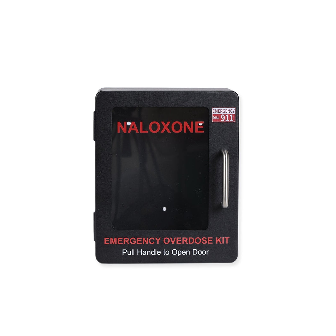 Overdose Kits black wall mount cabinet for Naloxone emergency overdose kit with clear labeling and pull handle. Includes emergency dial 911 sign.