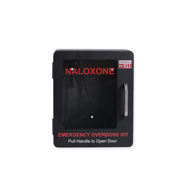 Overdose Kits black wall mount cabinet for Naloxone emergency overdose kit with clear labeling and pull handle. Includes emergency dial 911 sign.