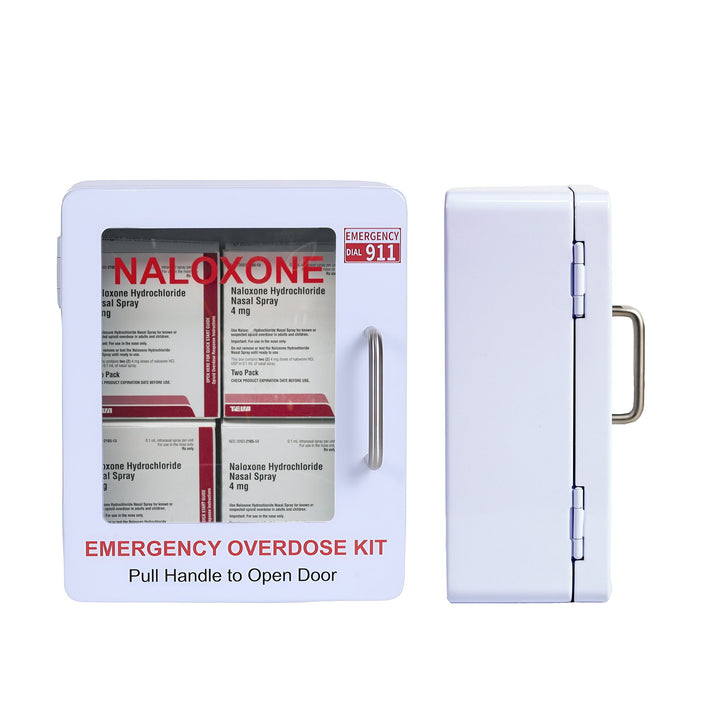 Overdose Kits white wall mount cabinet for Naloxone emergency kits. Features clear labeling and a pull handle for easy access.