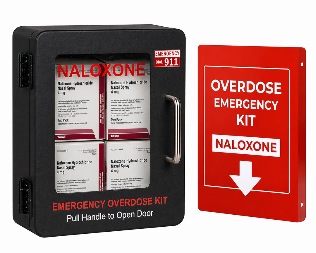 Overdose Kits black wall mount cabinet box with Naloxone nasal spray boxes and red emergency sign. Designed for public access.