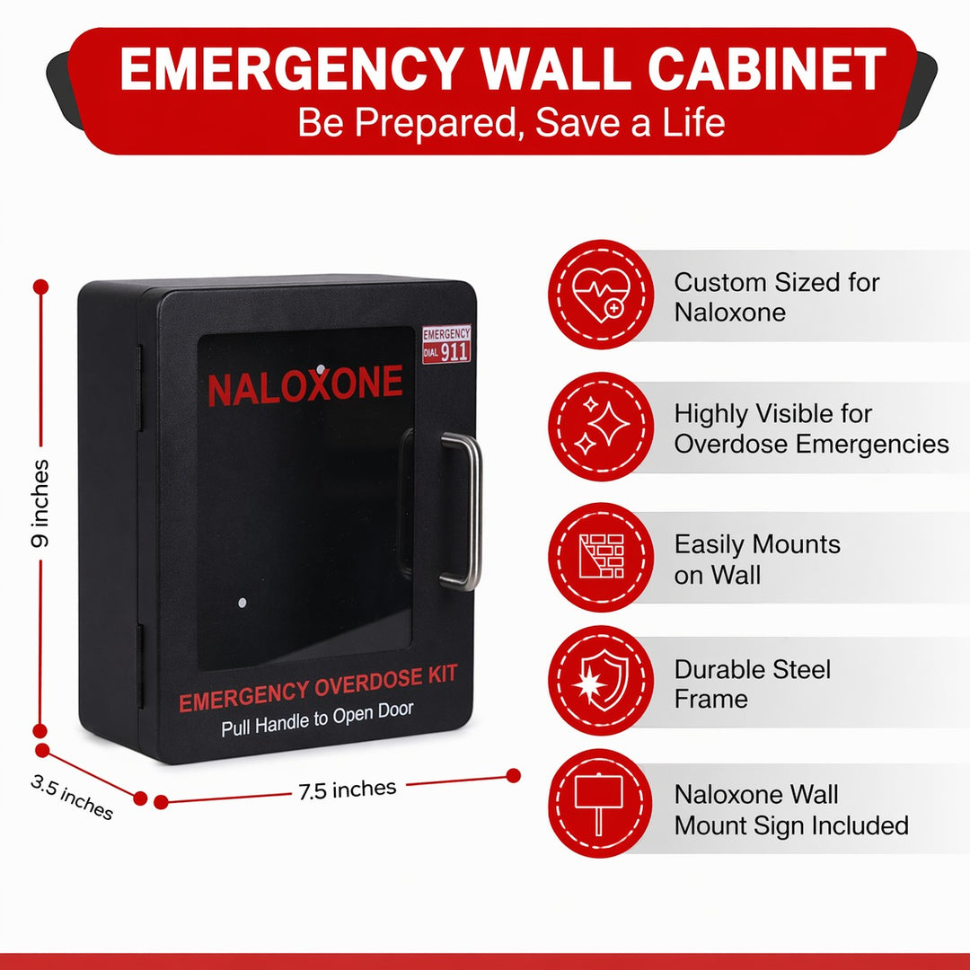 Overdose Kits black steel wall mount cabinet for Naloxone emergency overdose kit. Features clear labeling and a pull handle.