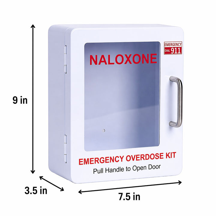 Overdose Kits white wall mount cabinet for Naloxone emergency kit. Features clear window, red text, and silver handle. Dimensions: 9" H x 7.5" W x 3.5" D.
