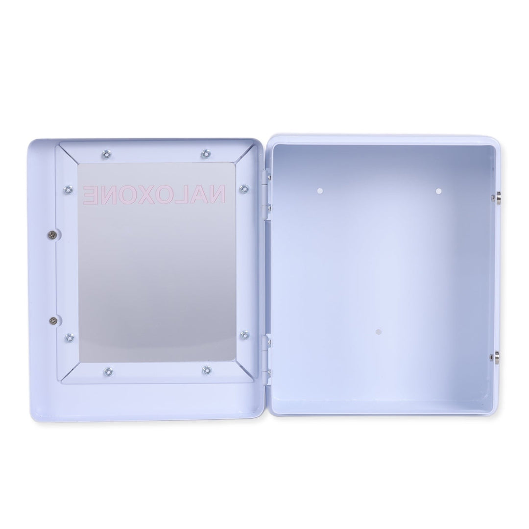 Overdose Kits white metal wall mount cabinet with mirrored door displaying reversed NALOXONE text. Open cabinet shows empty interior.
