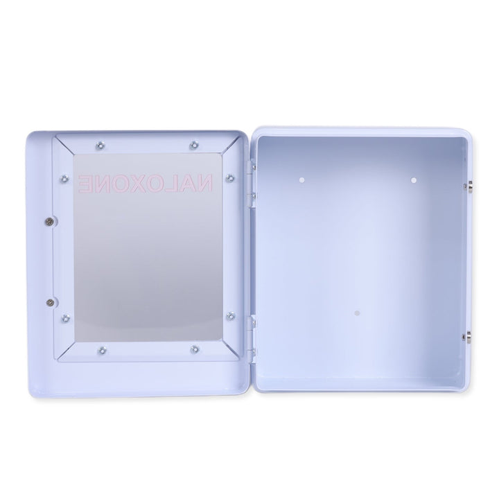 Overdose Kits white metal wall mount cabinet with mirrored door displaying reversed NALOXONE text. Open cabinet shows empty interior.