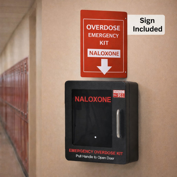 Overdose Kits black wall mount cabinet for Naloxone emergency kit, with red sign above. Cabinet has clear window and pull handle.
