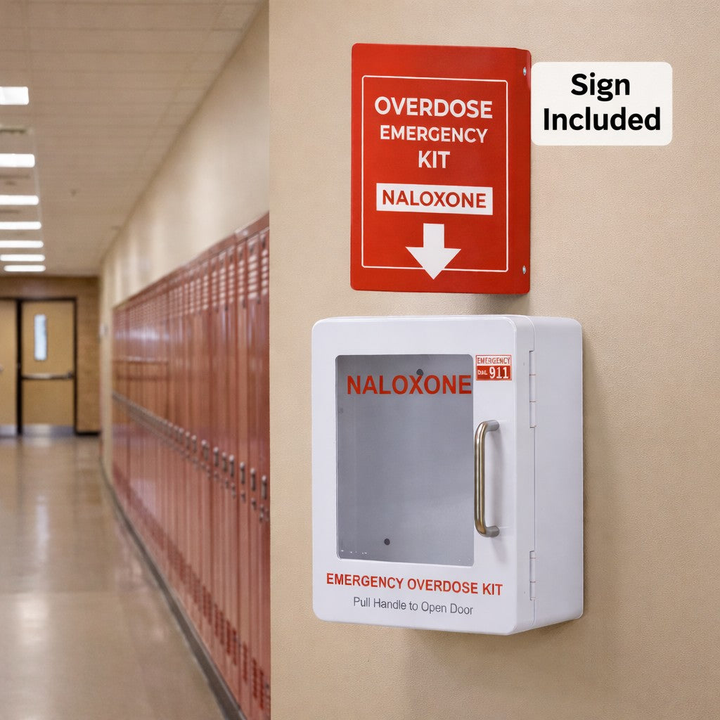 Overdose Kits white wall mount cabinet and red sign for Naloxone emergency kit. Cabinet has clear door and handle. Sign reads 'OVERDOSE EMERGENCY KIT NALOXONE'.