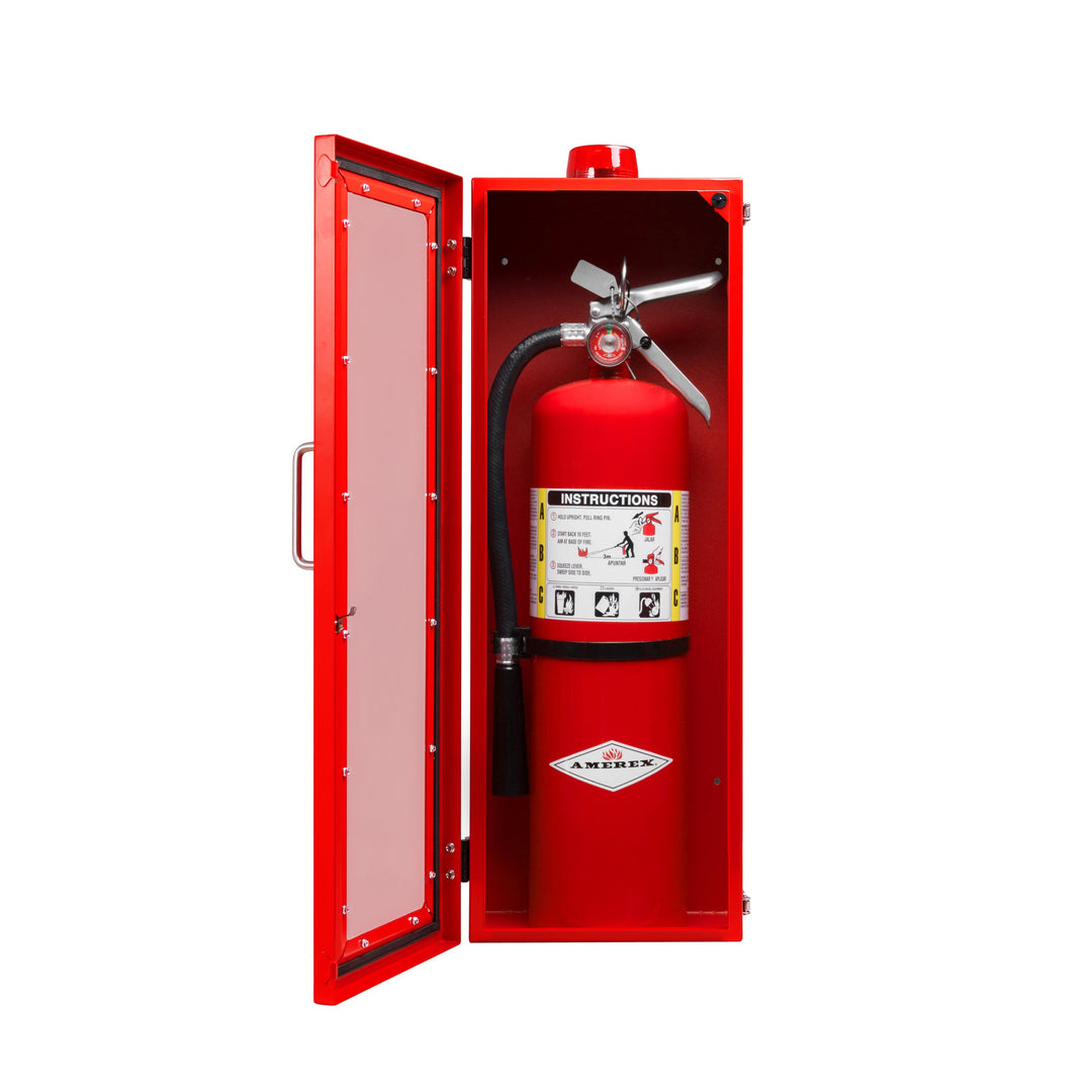 Overdose Kits red steel outdoor fire extinguisher wall mount cabinet with clear door and instructions. Available in 10 lb and 20 lb sizes.