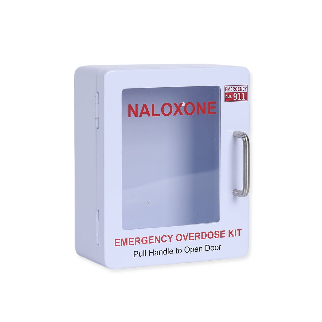 Overdose Kits white metal wall mount cabinet for Naloxone emergency overdose kit with clear window and red text.