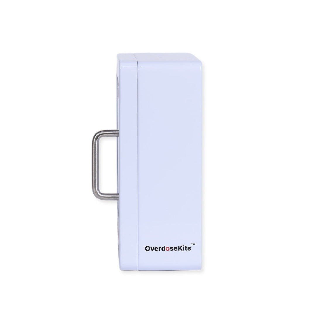 Overdose Kits white wall mount cabinet box with metal handle for Naloxone emergency kits. Designed for public access.