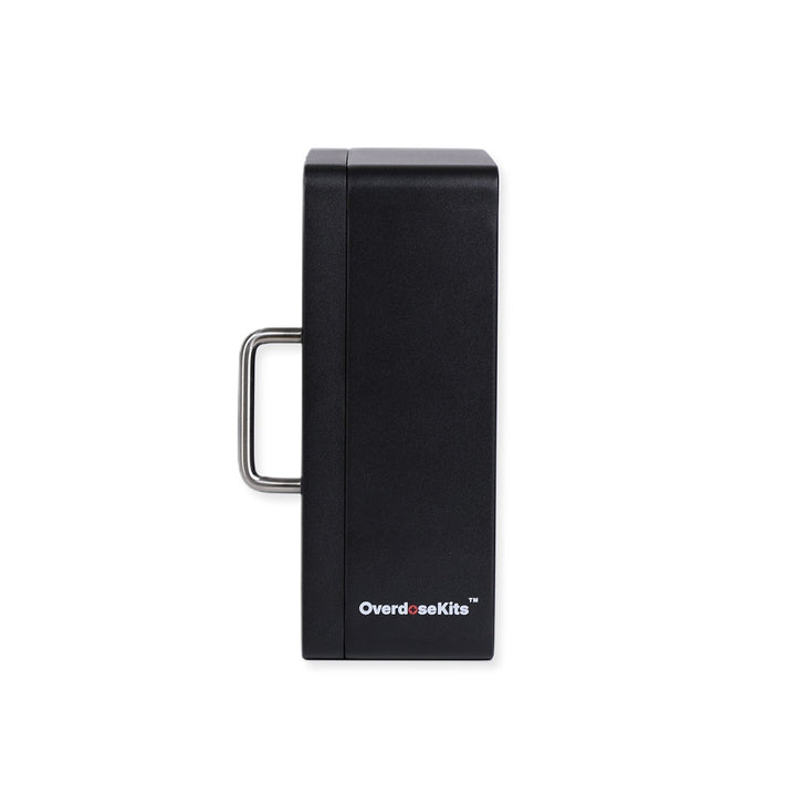Overdose Kits black wall mount cabinet for Naloxone emergency overdose kit, with metal handle. No lock or alarm.